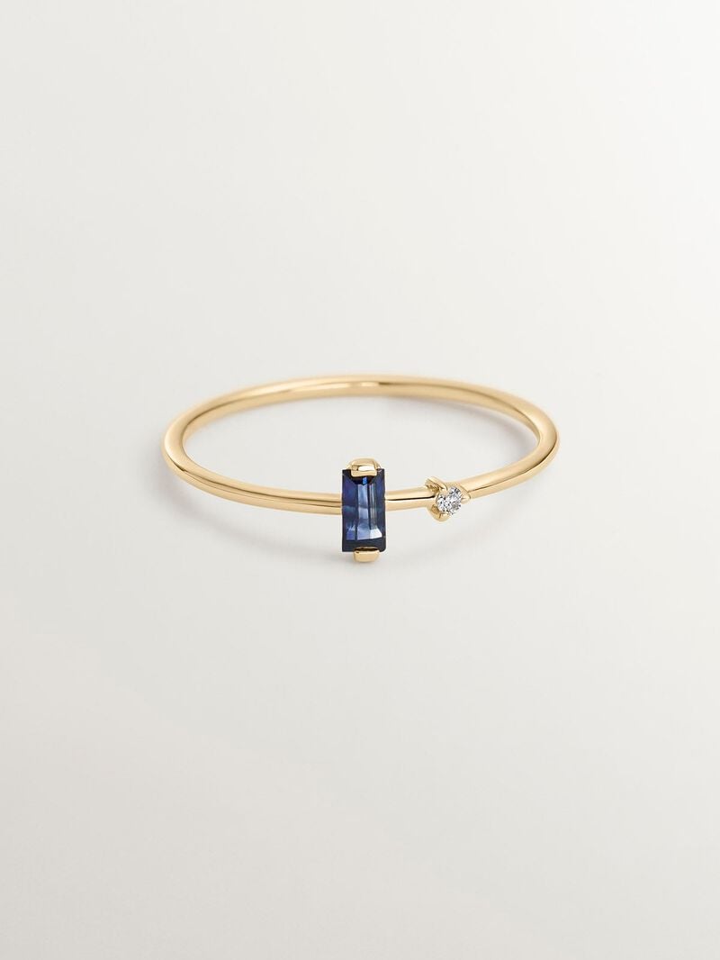 9K Yellow Gold Solitaire Ring with Blue Sapphire and Diamond image number 2
