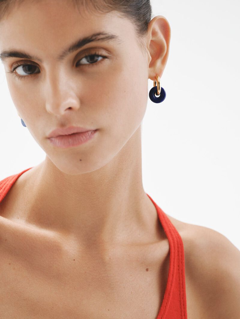 925 Silver hoop earrings plated in 18K Yellow Gold with Lapis Lazuli image number 1