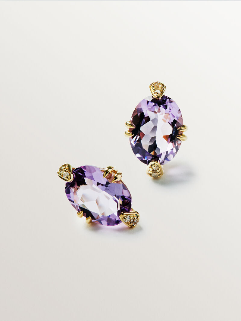 9K Yellow Gold Stud Earrings with Pink Amethysts and Diamonds image number 4