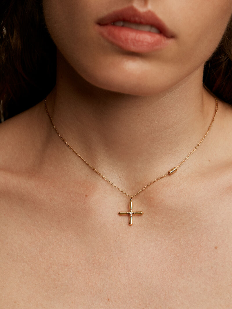 18K yellow gold plated sterling silver 925 pendant with cross and white topaz image number 3