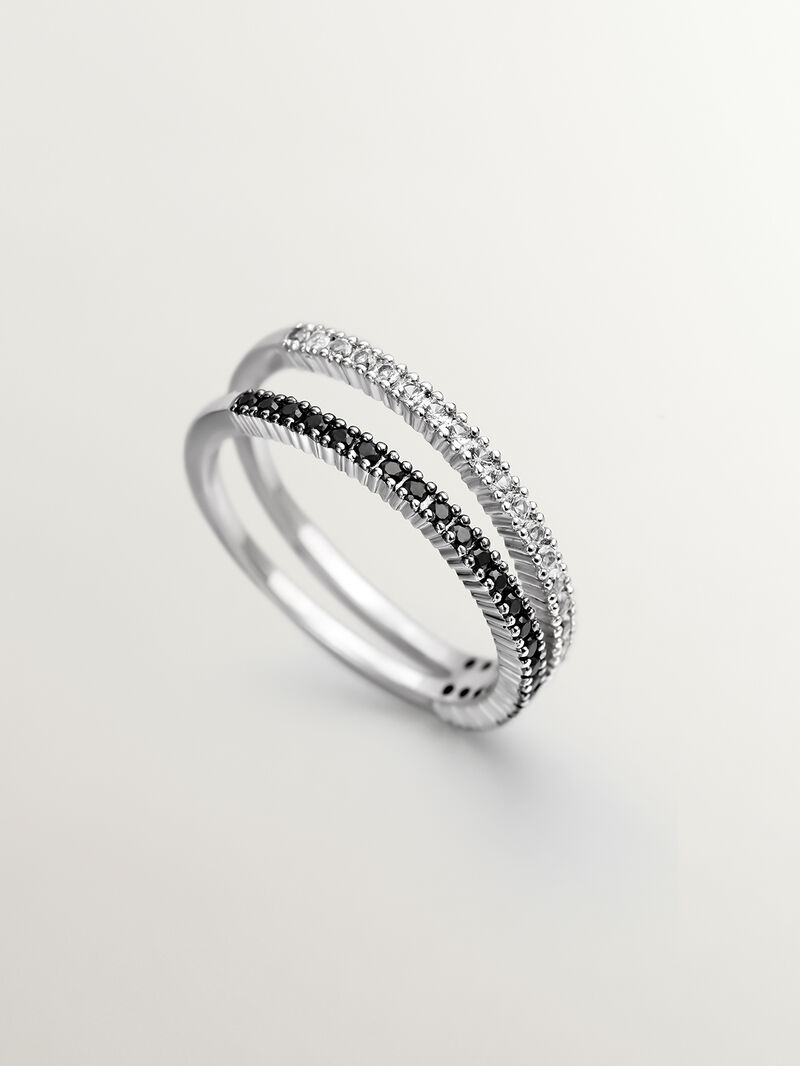 Double ring made of 925 silver with black spinels and white topaz. image number 4