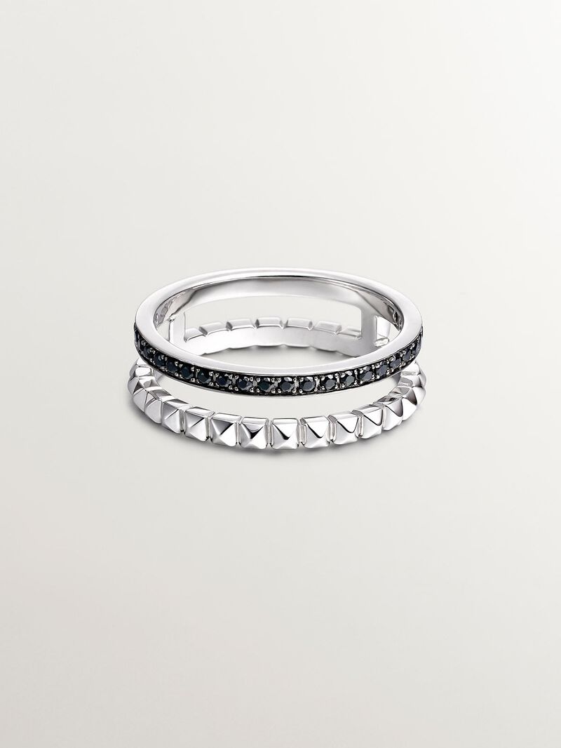 925 Silver double ring with embossing and black spinels. image number 2