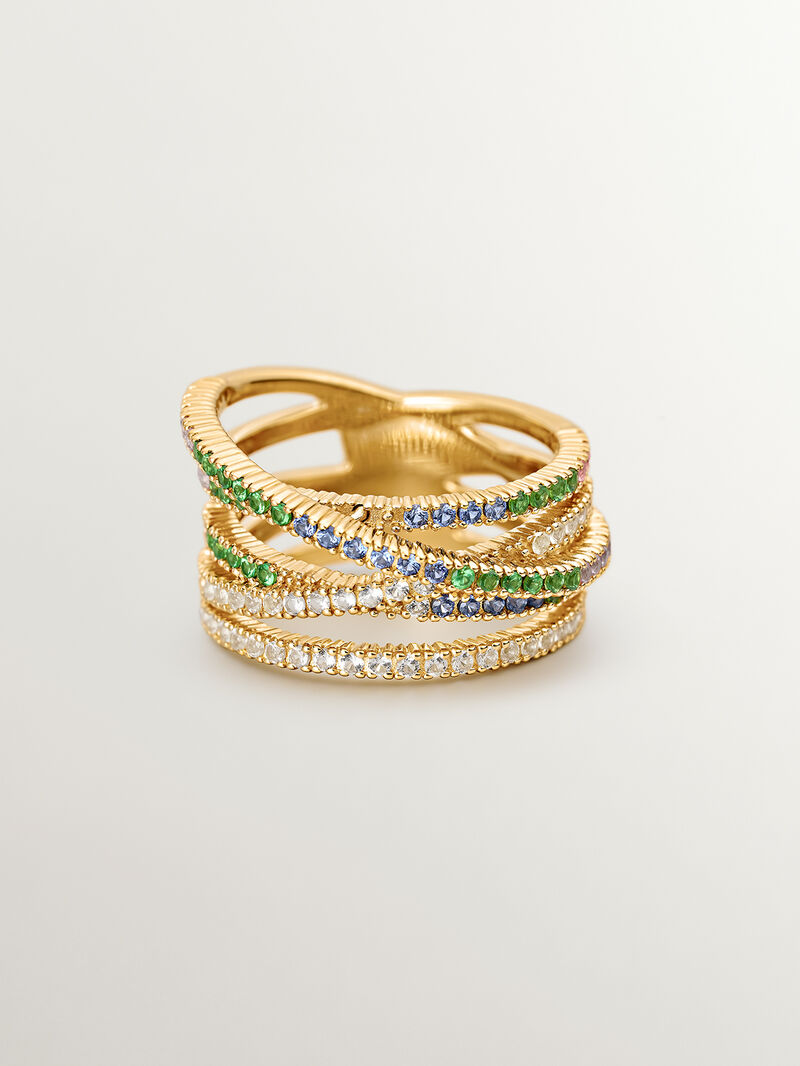 Multi-arm cross ring made of 925 silver, bathed in 18K yellow gold with tsavorites, topazes and multicolored sapphires. image number 2