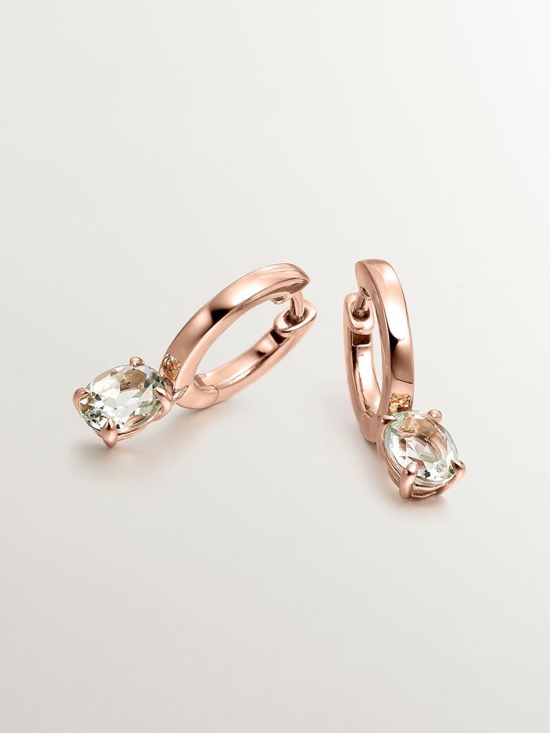 Small hoop earrings made of 925 silver, bathed in 18K rose gold with green quartz. image number 2