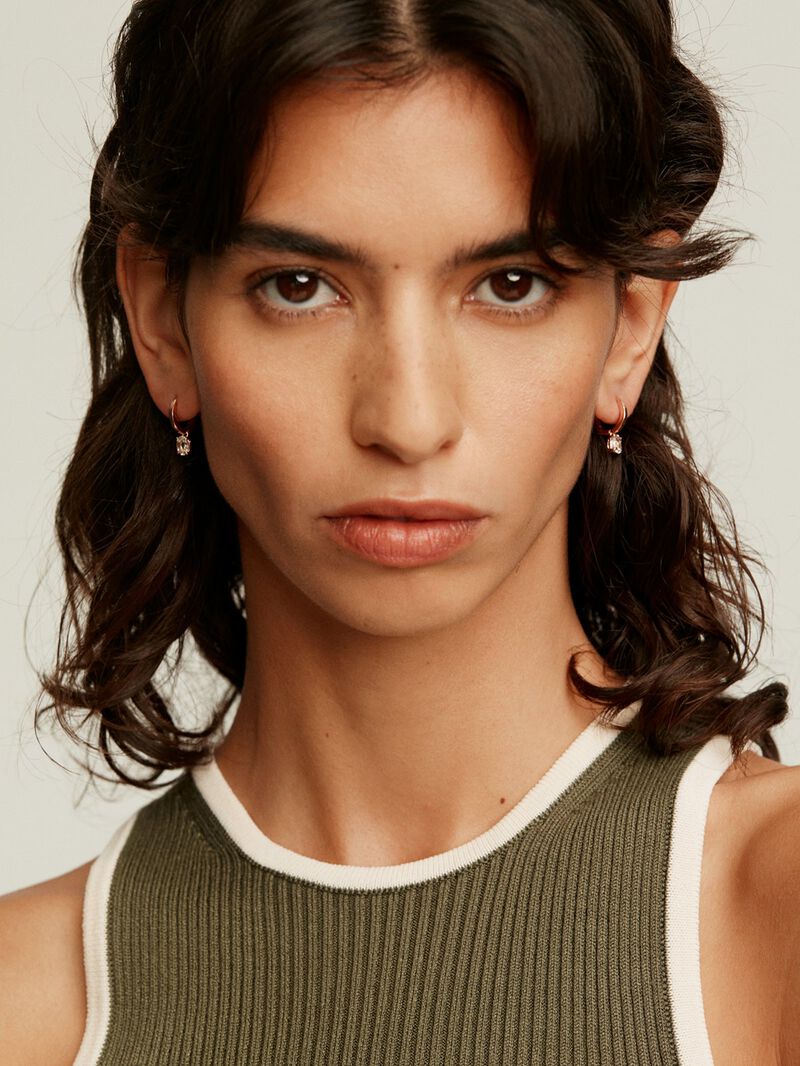 Small hoop earrings made of 925 silver, bathed in 18K rose gold with green quartz. image number 4