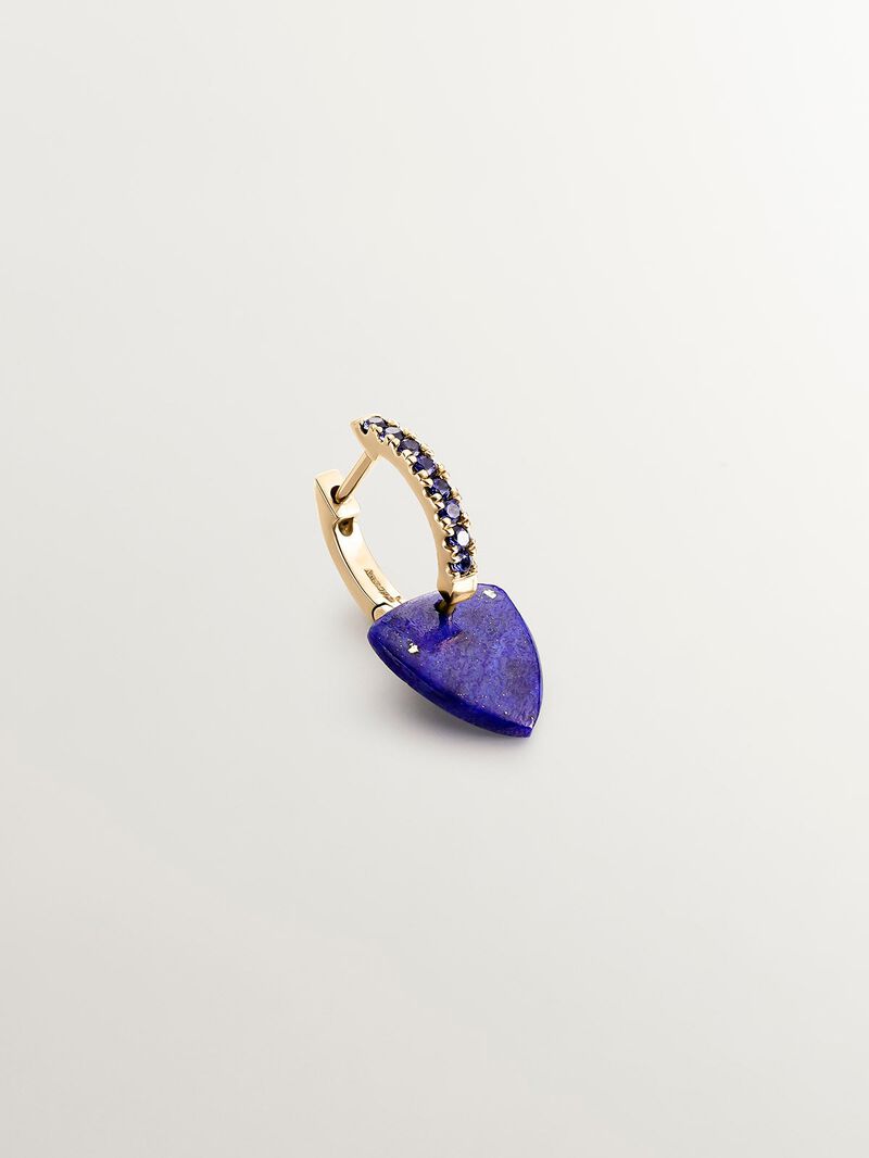 9K yellow gold single hoop earring with blue sapphires and blue lapis lazuli pendant image number 2