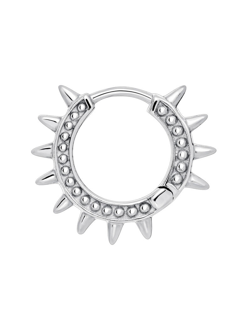 9K white gold single hoop earring with spikes and spheres. image number 2