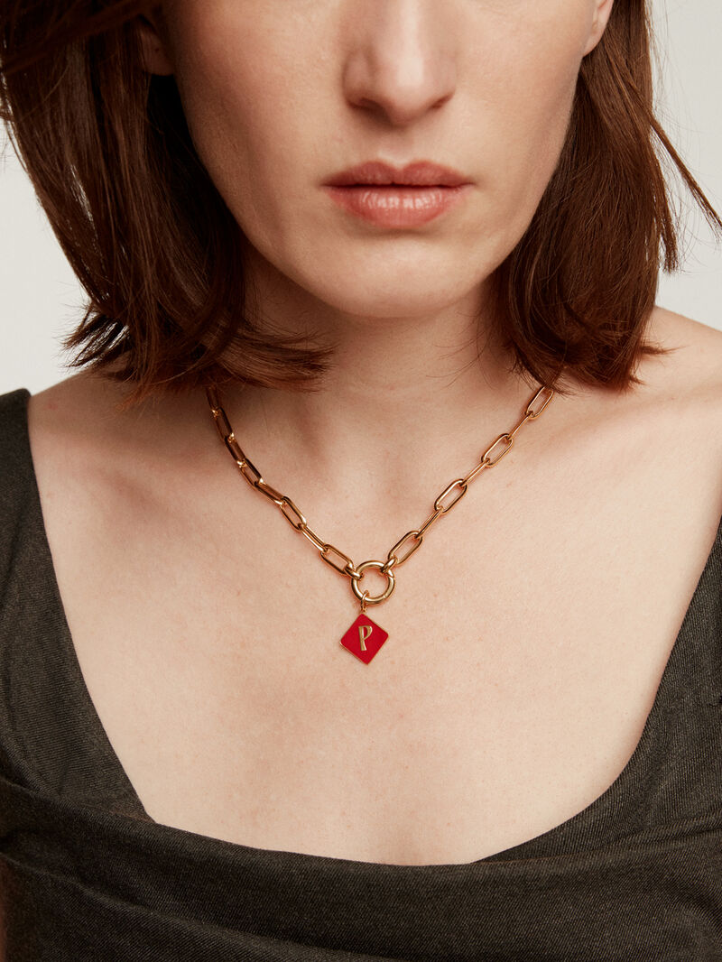 18K yellow gold plated 925 sterling silver charm with initial P and red enamel in diamond shape image number 1