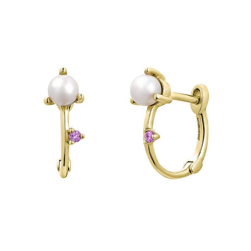 9K pearl and pink sapphire hoop earrings, J04895-02-WP-PS, hi-res