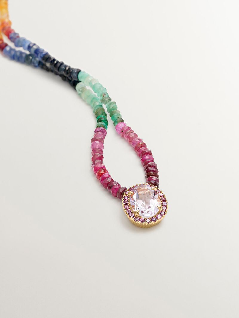 925 silver necklace bathed in 18K yellow gold with multicolor sapphires, pink rhodolite, and purple amethyst. image number 2