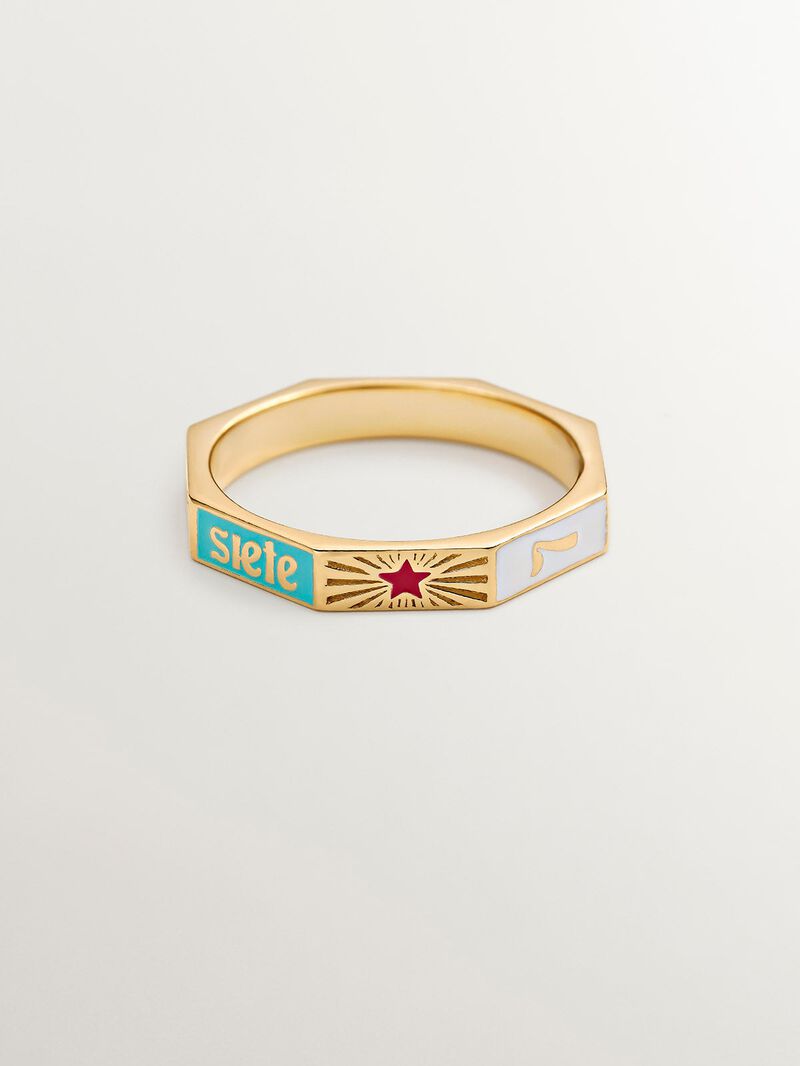 929 Silver ring coated in 18K yellow gold with colorful enamel and number 7. image number 2