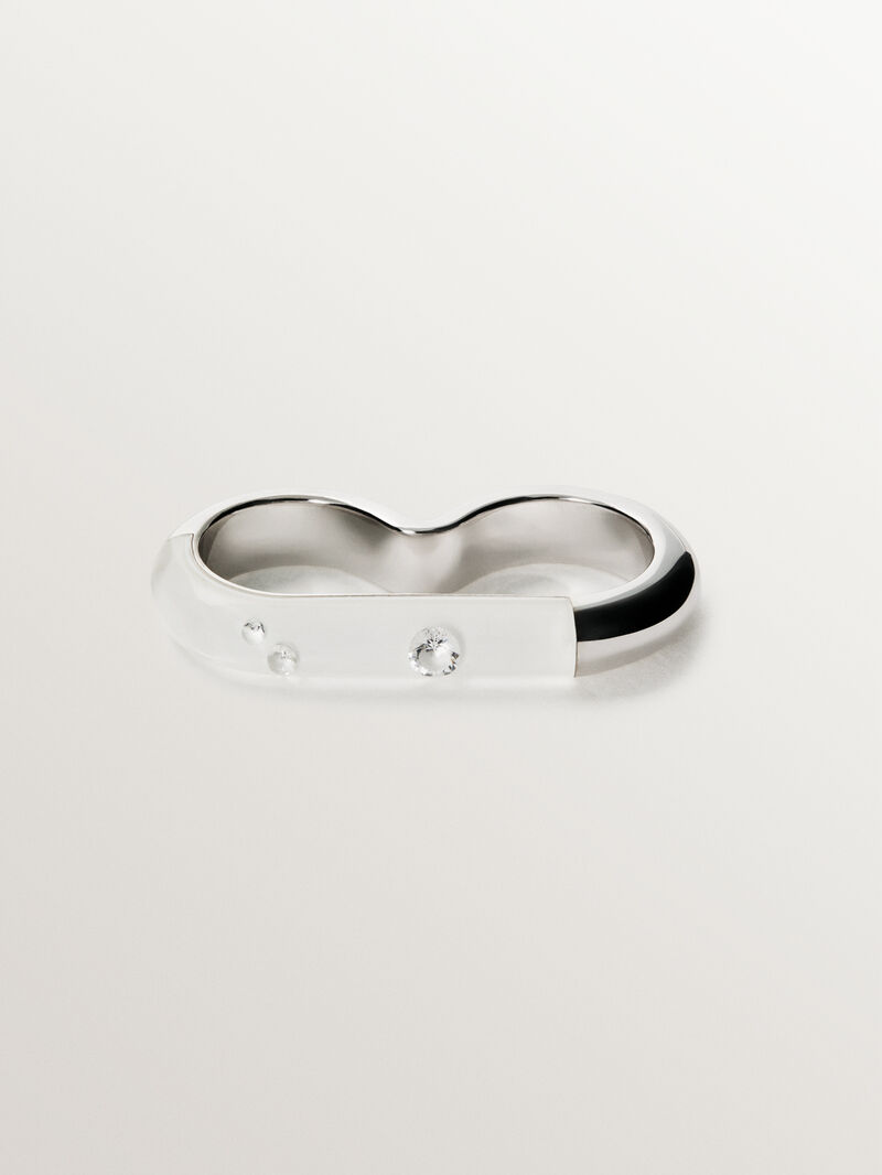 Double 925 silver ring with white enamel and zircons suspended in resin image number 2