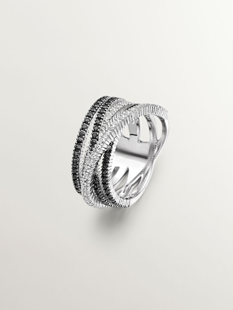 Crossed multi-arm 925 silver ring with white topazes and black spinels. image number 0