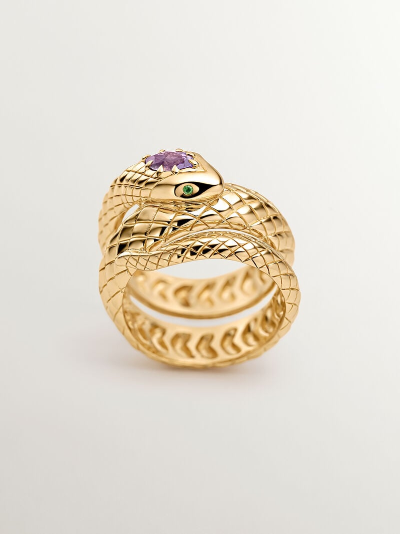 Wide 925 silver ring bathed in 18K yellow gold with a snake shape, purple amethyst and green tsavorites. image number 2