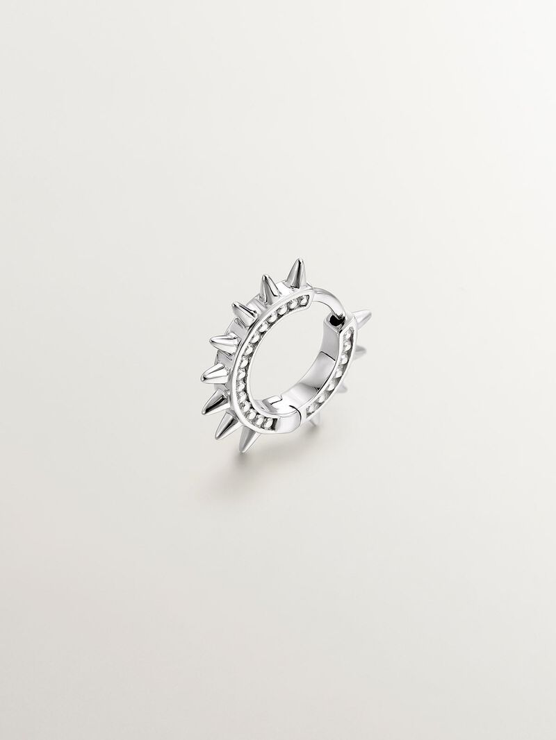 9K white gold single hoop earring with spikes and spheres. image number 0