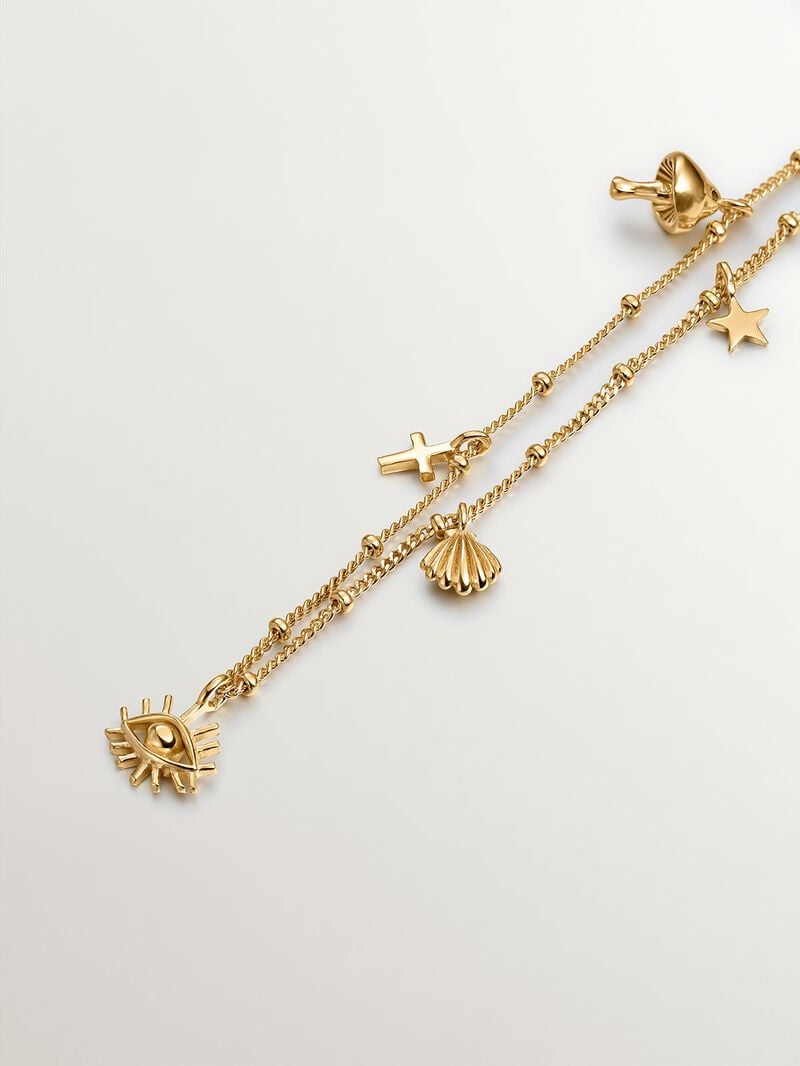 18K yellow gold plated 925 silver bracelet with mushroom, cross, eye, shell, and star motifs. image number 4