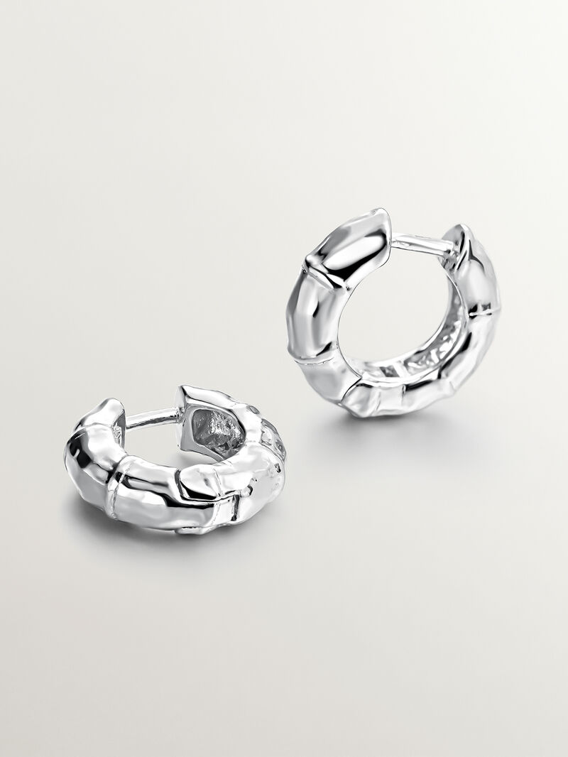 Small 925 silver hoop earrings with bamboo texture. image number 2