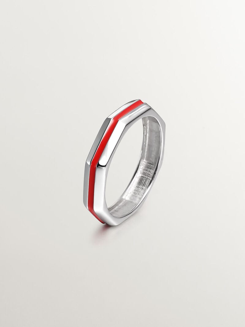 925 silver ring with geometric finish and pink enamel image number 0