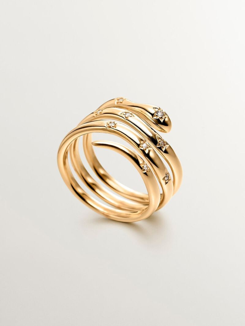 931 Silver triple ring bathed in 18K yellow gold with a snake shape and white topazes. image number 4