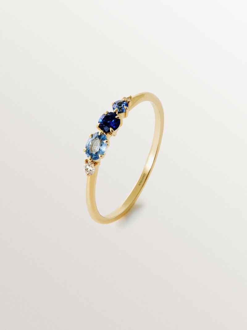 9K yellow gold ring with blue sapphires and diamonds image number 0