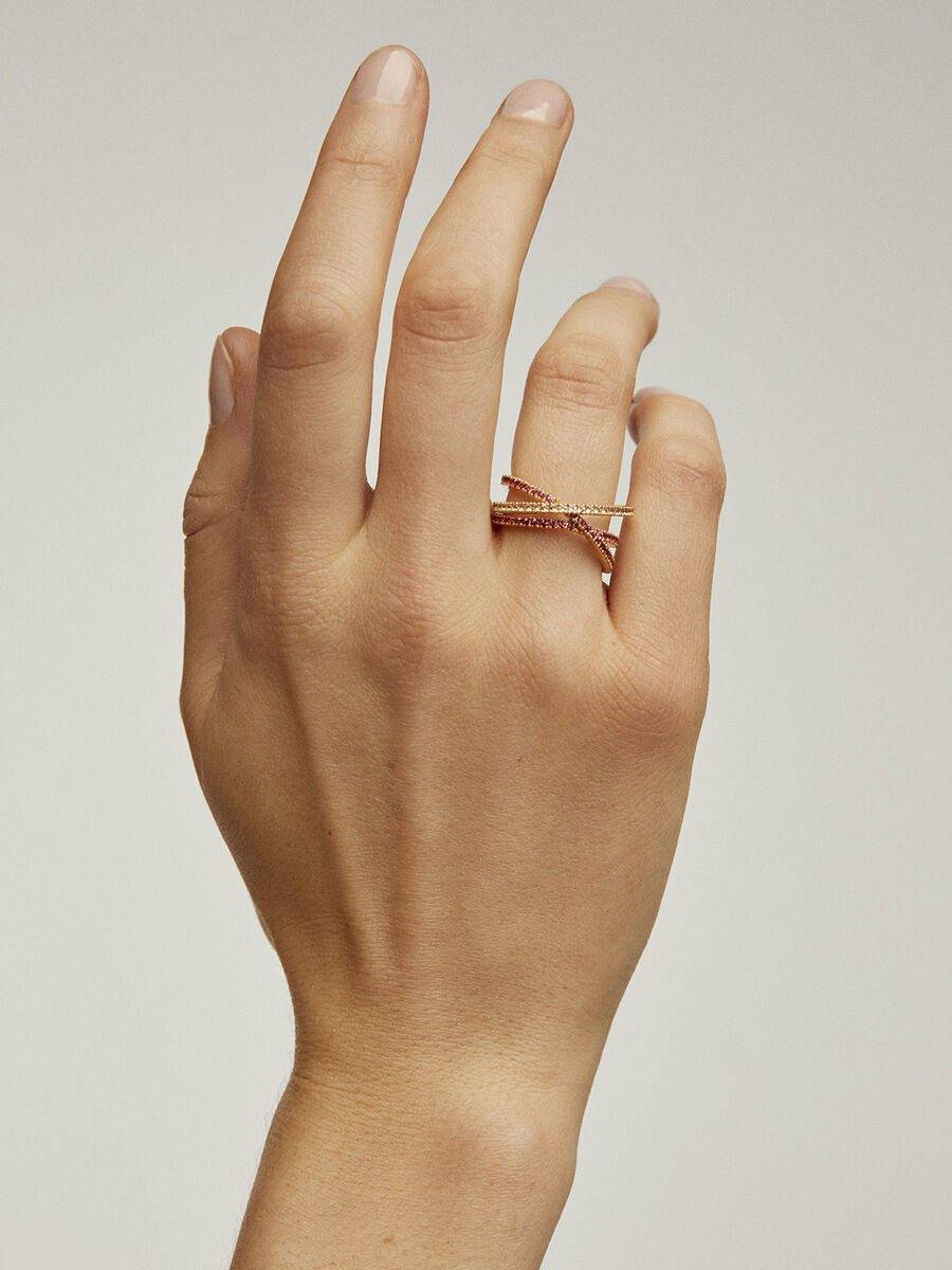 Triple crossed ring in 18k gold-plated sterling silver with white topazes and rhodolites, J04989-02-RO-WT, hi-res