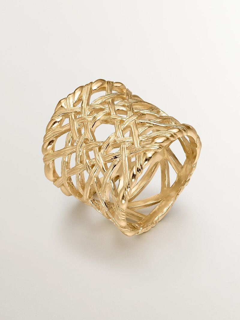 Wide 925 silver ring bathed in 18K yellow gold with wicker texture image number 0