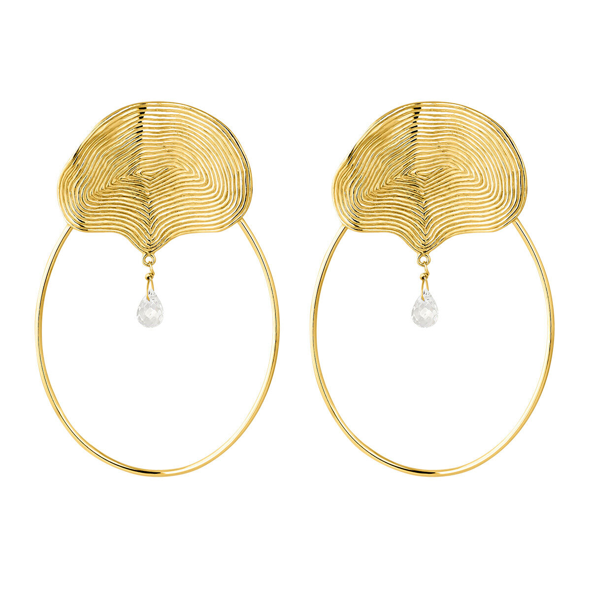 XL-size, embossed hoop earrings in 18kt yellow gold-plated silver with white topaz, J05218-02-WT, hi-res