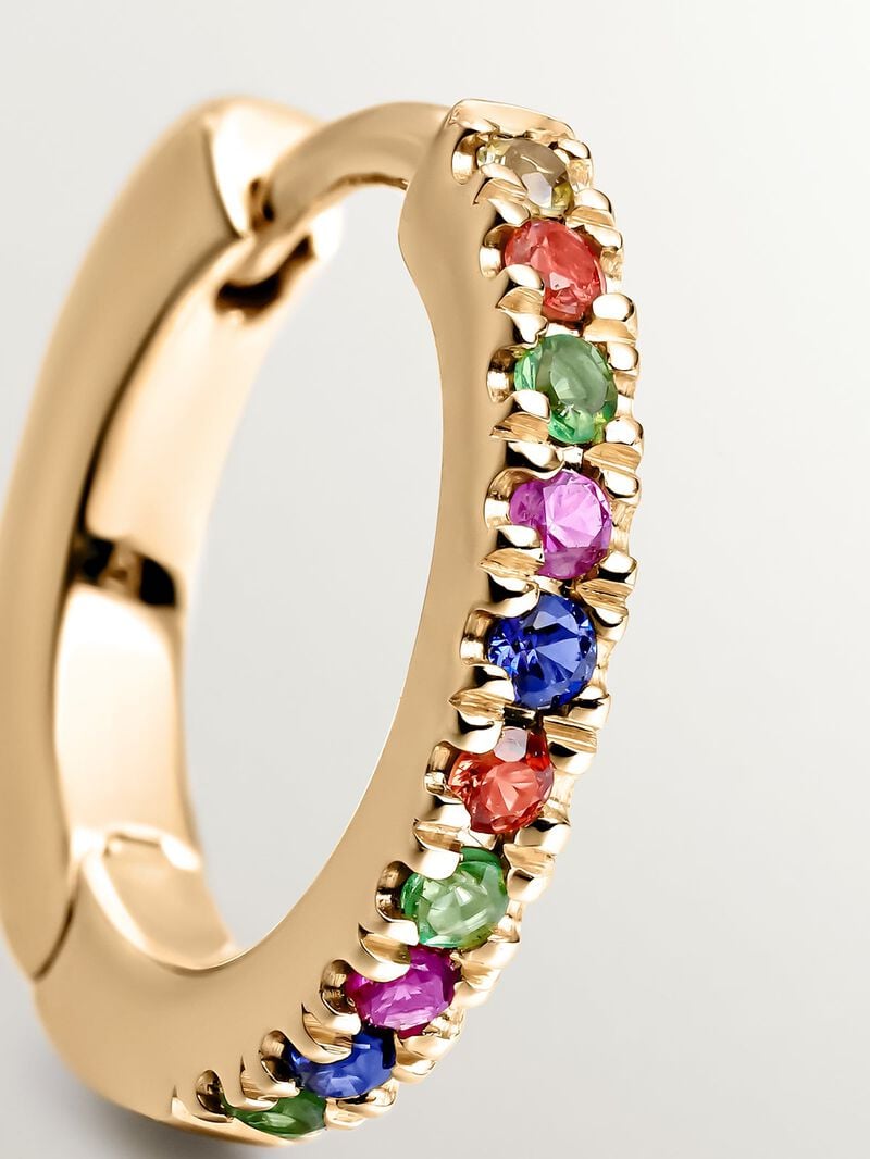 Individual 9K yellow gold hoop earring with tsavorites and multicolor sapphires. image number 4