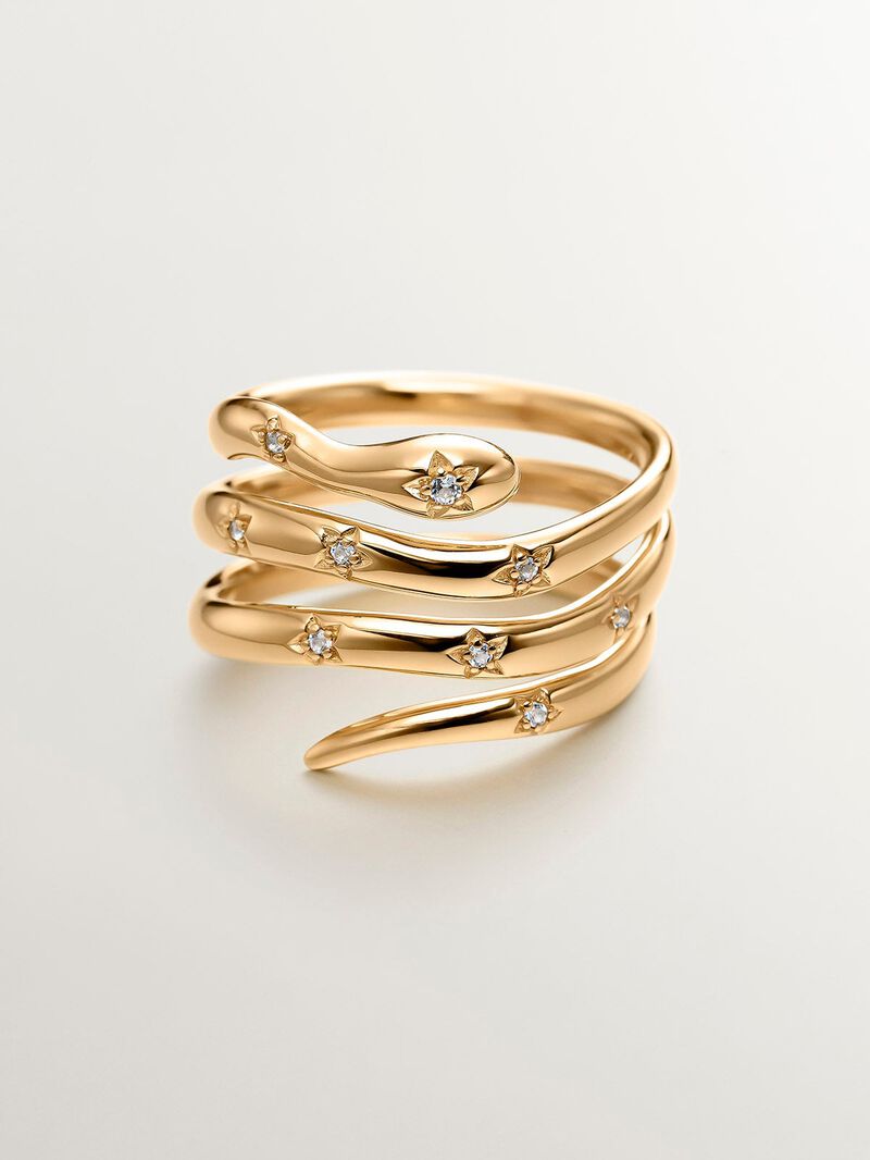 931 Silver triple ring bathed in 18K yellow gold with a snake shape and white topazes. image number 2
