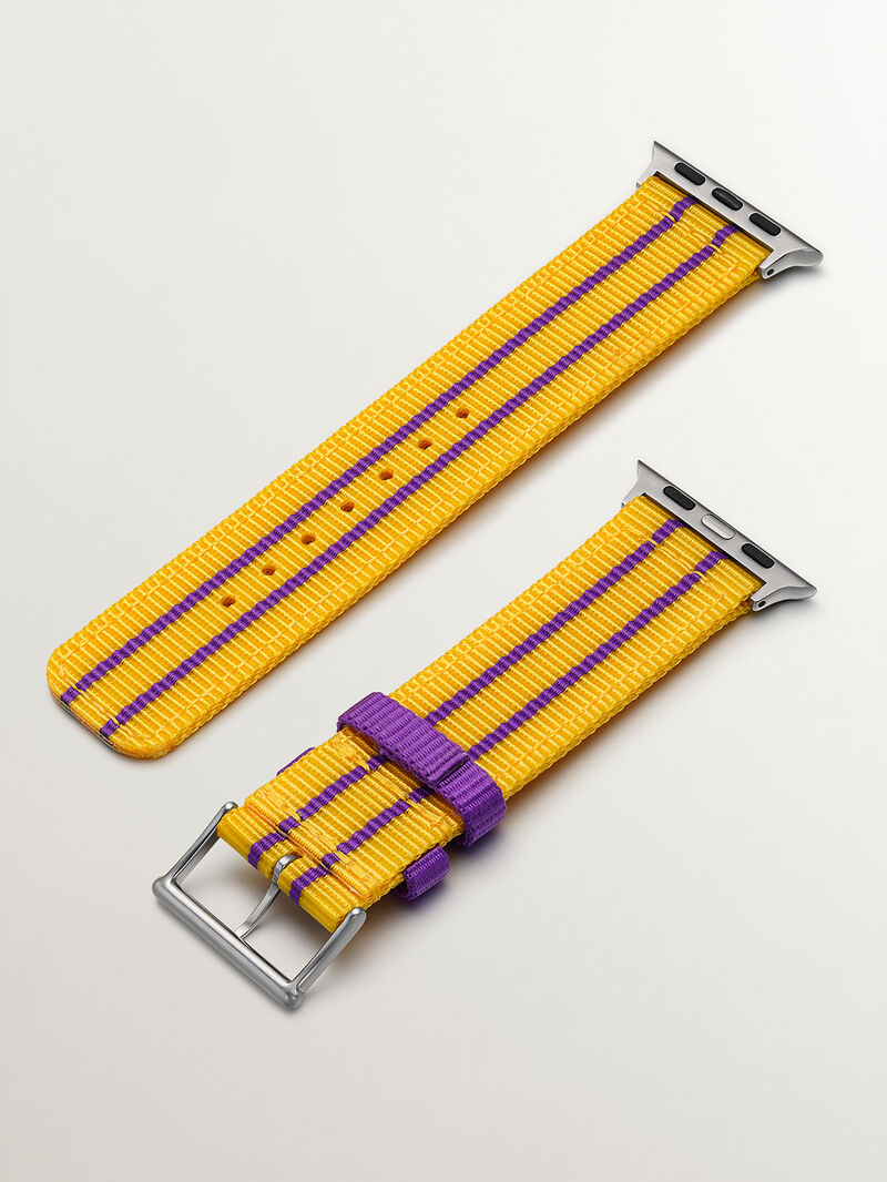 Nylon strap for Apple Watch with yellow and purple stripes. image number 5