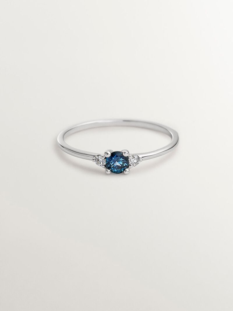 9K White Gold Ring with Blue Sapphire and Diamonds image number 2