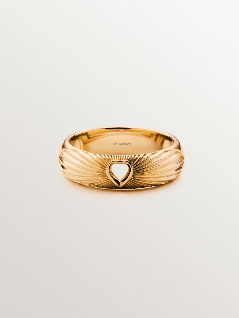 18K yellow gold plated 925 silver ring with heart and guilloché texture image number 2