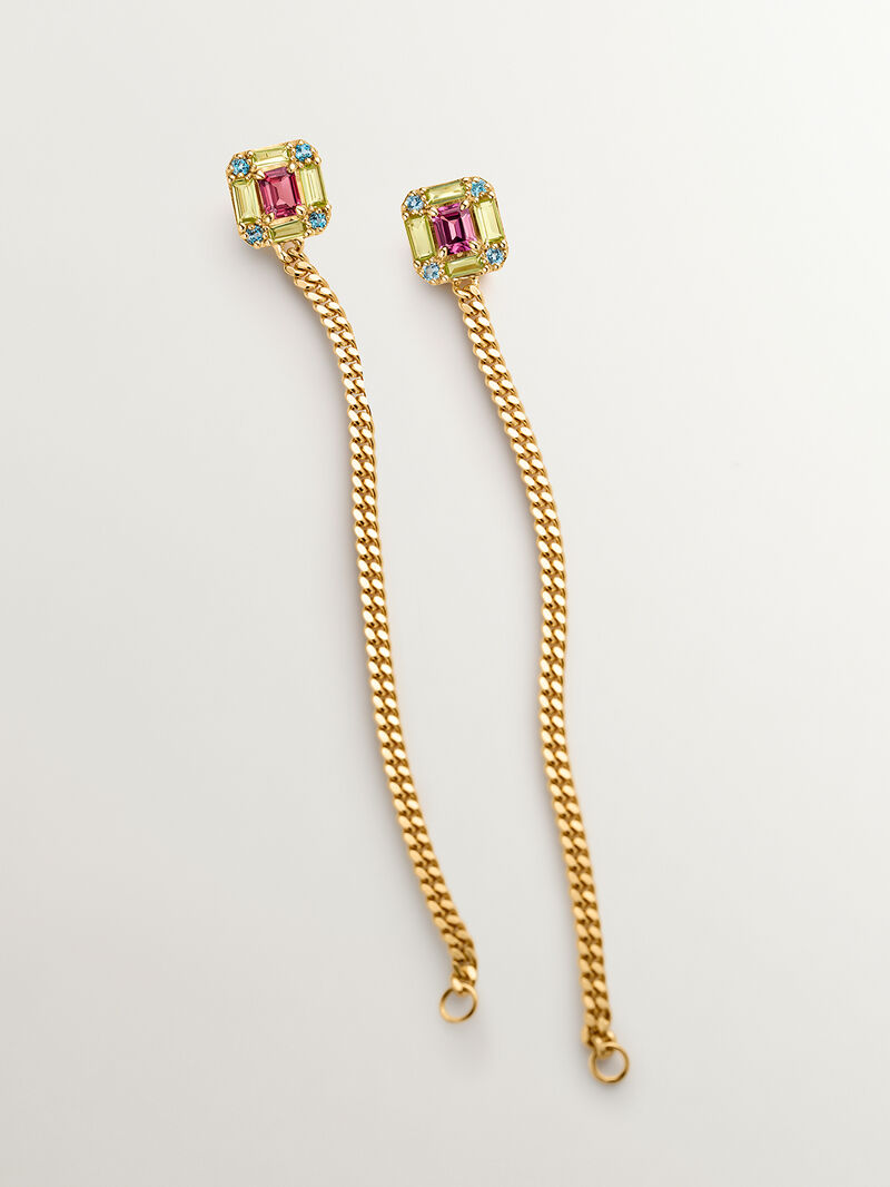 Long earrings with 925 silver chain coated in 18K yellow gold with peridots, topazes and rhodolites. image number 0