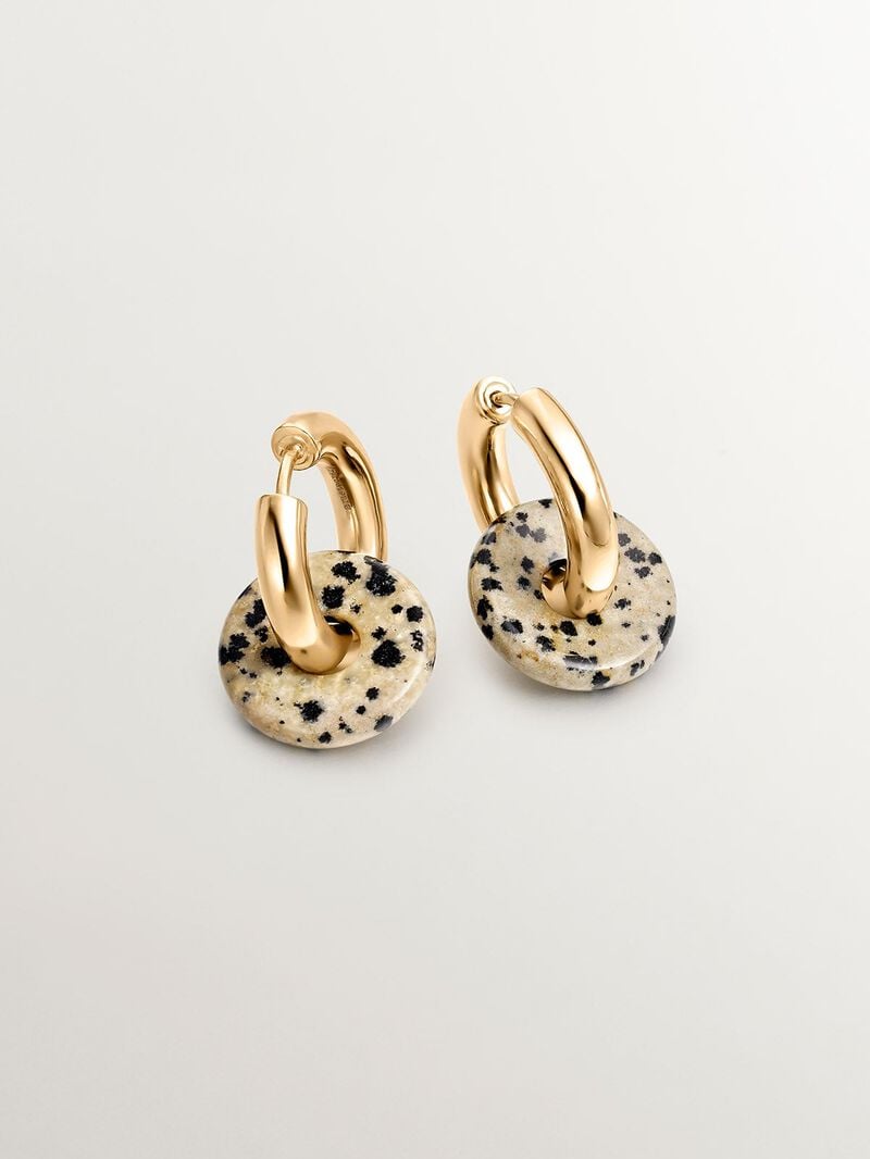 925 sterling silver medium hoop earrings with 18K yellow gold plating featuring dalmatian jasper. image number 0