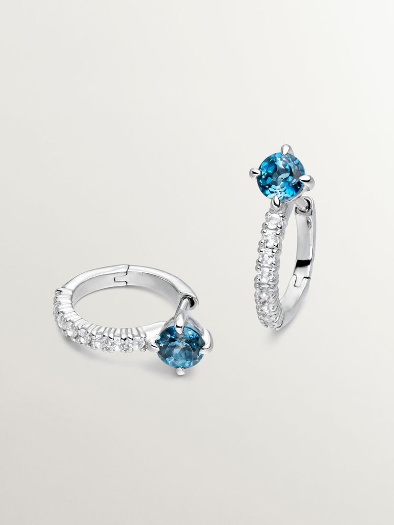 925 Silver hoop earrings with blue and white topaz. image number 2
