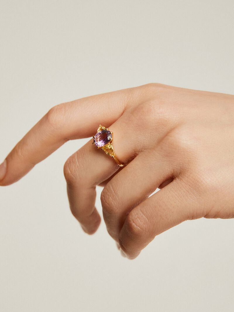 925 Silver trio ring bathed in 18K yellow gold with purple amethyst and yellow quartz. image number 3