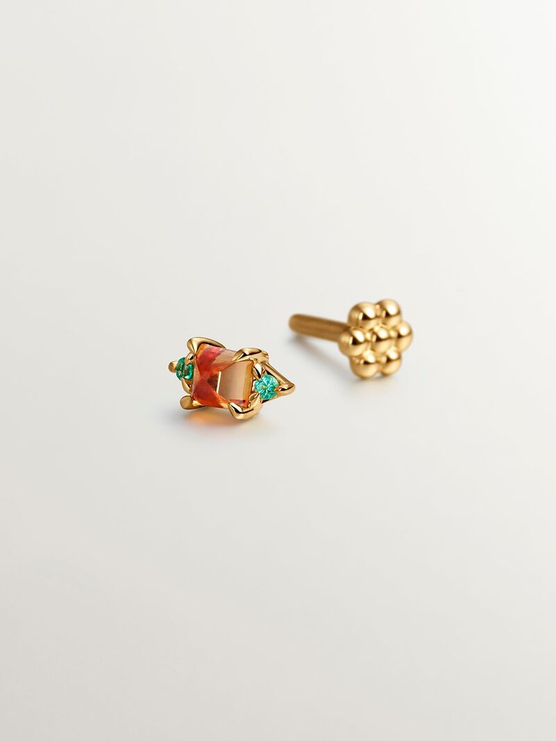Individual 18k yellow gold pending with orange sapphire and green emeralds image number 4
