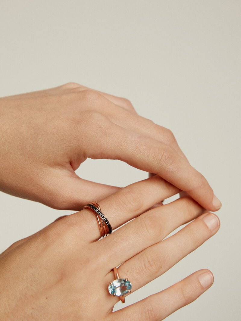 925 Silver double ring bathed in 18K rose gold with black spinels. image number 5