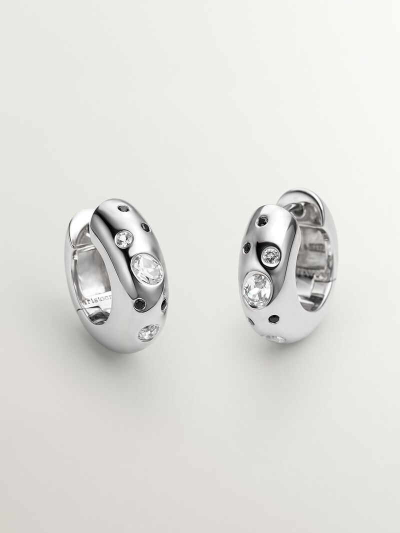 925 sterling silver chunky hoop earrings with white topaz and black spinels image number 2