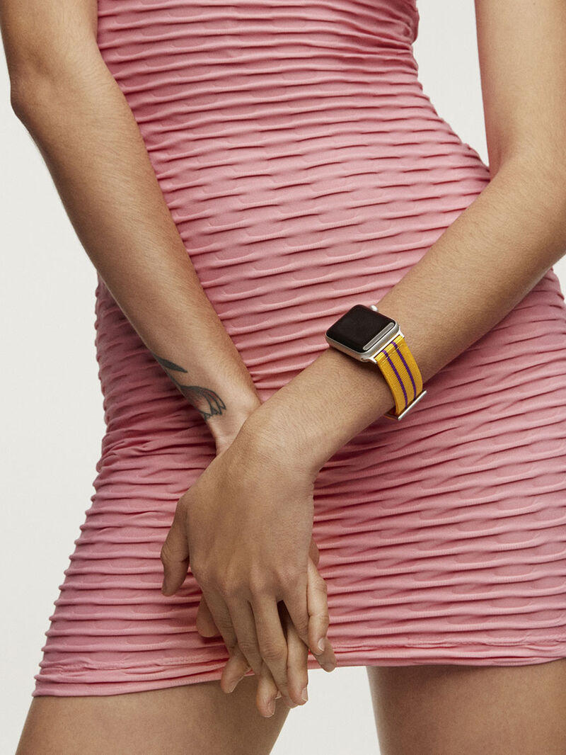 Nylon strap for Apple Watch with yellow and purple stripes. image number 1