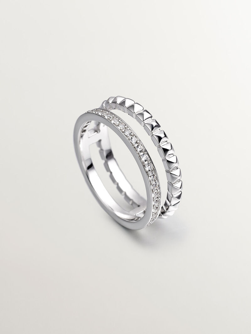 925 Silver double ring with relief and white topazes image number 4