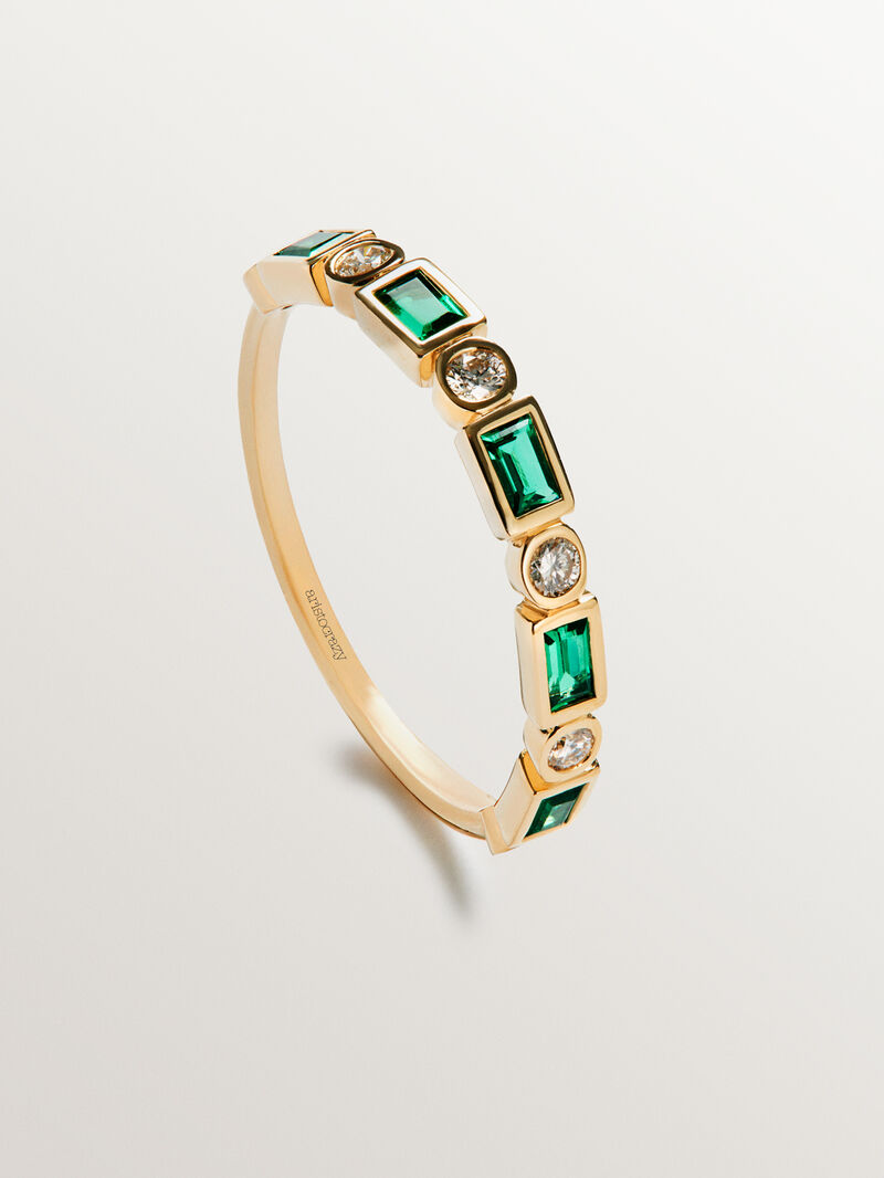 9K yellow gold ring with green emeralds and diamonds image number 2