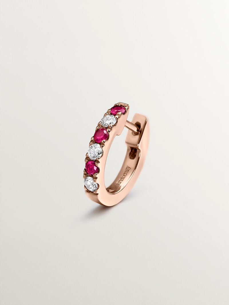 Single 9K rose gold hoop earring with rubies and diamonds. image number 0