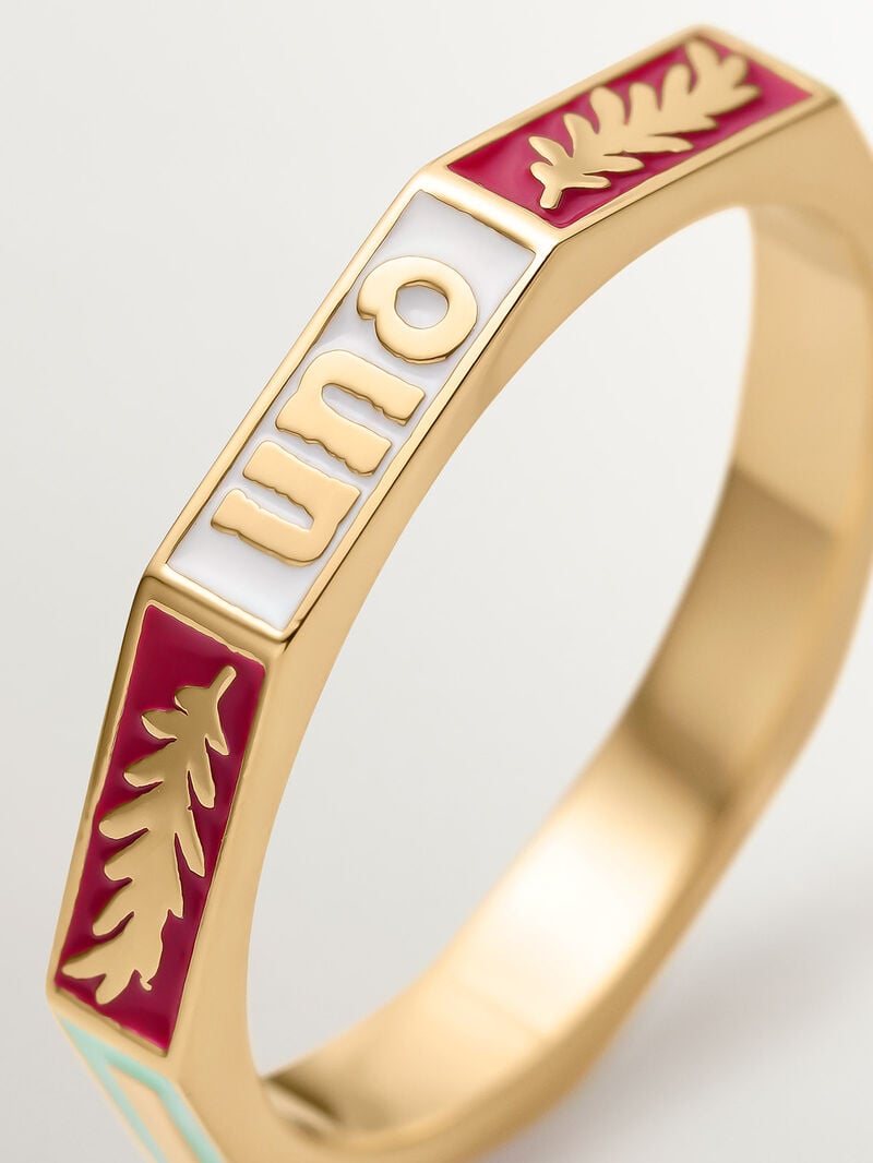 927 Silver ring bathed in 18K yellow gold with multicolor enamel and number 1. image number 4