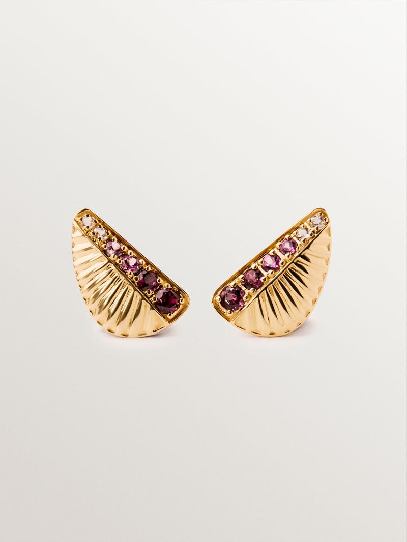 18K yellow gold plated 925 silver earrings with purple rhodolites and guilloché texture image number 0