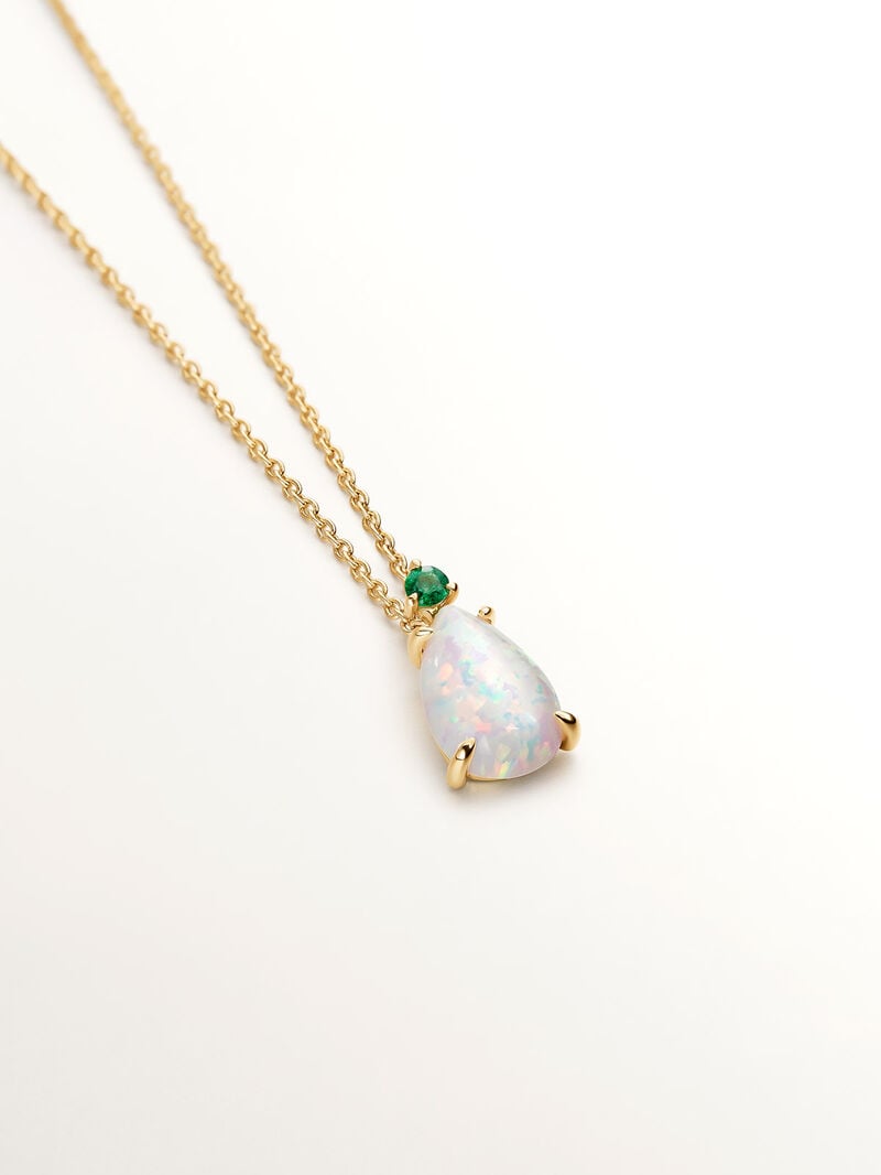 18K yellow gold necklace with white opal and emerald. image number 2