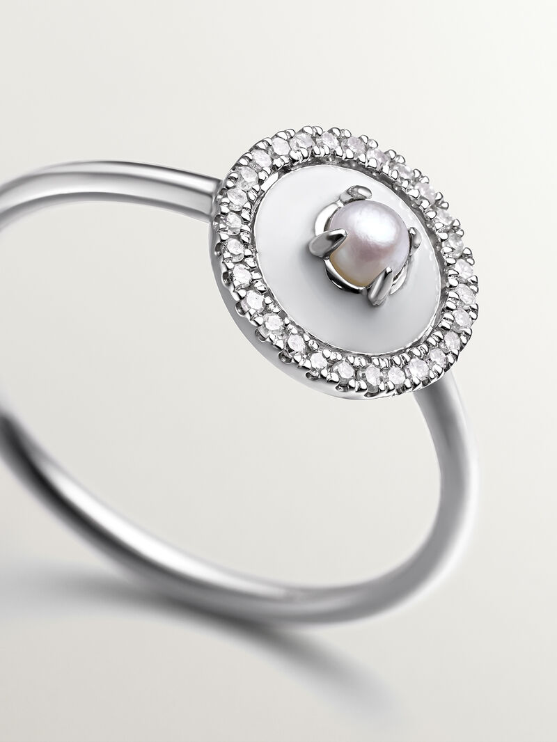 925 silver ring and 18K white gold with white pearl, white diamonds and gray enamel image number 6
