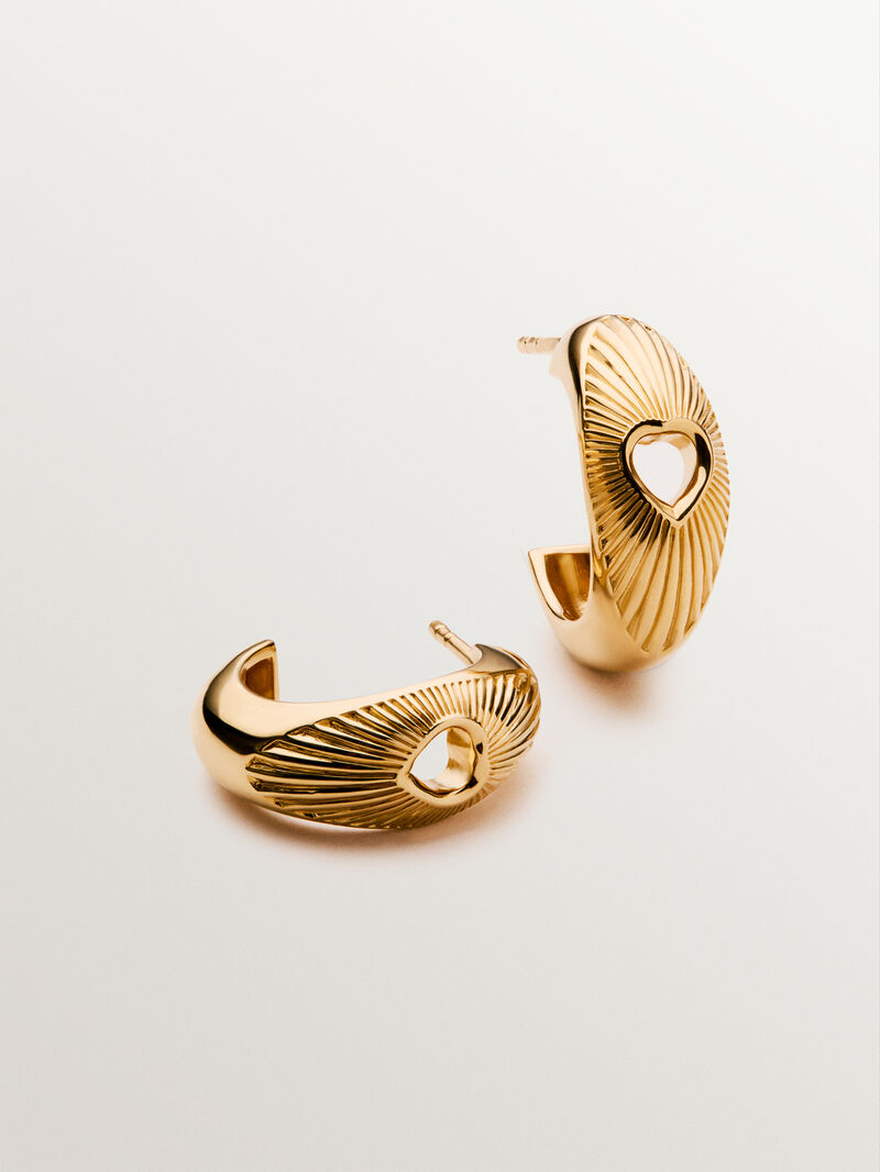 18K yellow gold plated 925 silver hoop earrings with heart and guilloché texture image number 2
