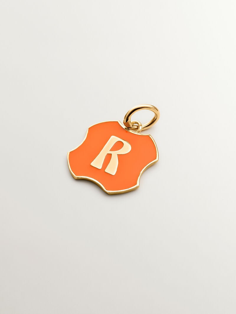 Charm in 925 sterling silver plated in 18K yellow gold with initial R and orange enamel with irregular shape image number 0