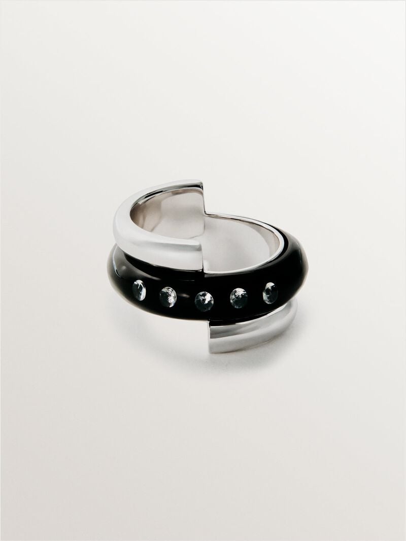 925 silver ring with black enamel and zircons suspended in resin image number 2